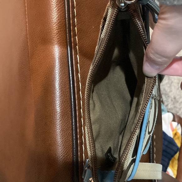 Cute authentic Coach cross body 2 tone with coach brown monogram and blue. - Picture 5 of 11